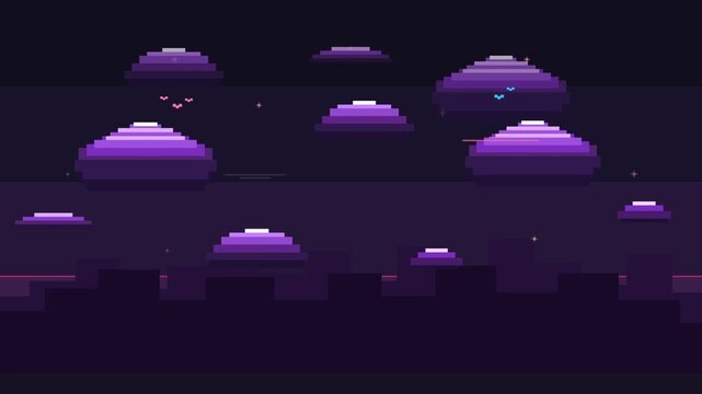 Pixel art landscape background with glowing purple hills and dark city silhouette in retro video game style