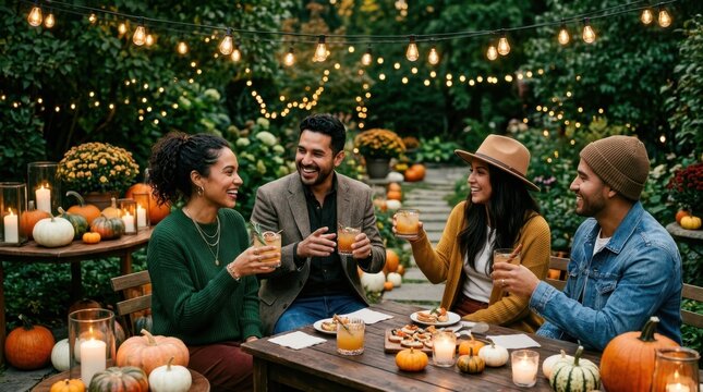 Friends enjoying a festive autumn gathering with drinks and pumpkins outdoors