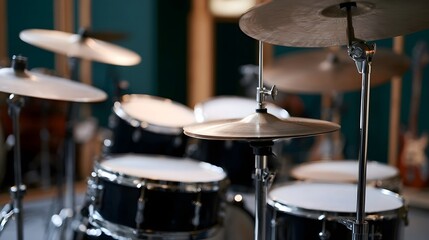 Fototapeta premium Close up of a drum set with cymbals and drums arranged for performance or practice inside a studio space