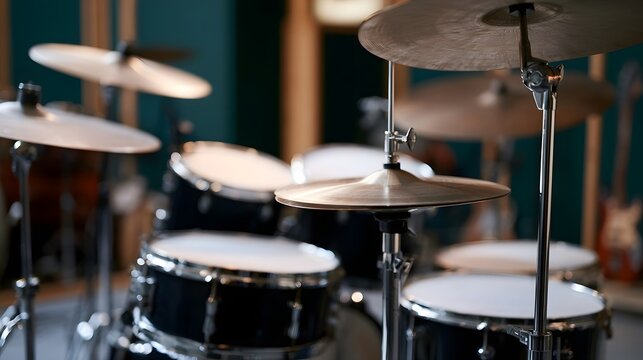 Close up of a drum set with cymbals and drums arranged for performance or practice inside a studio space