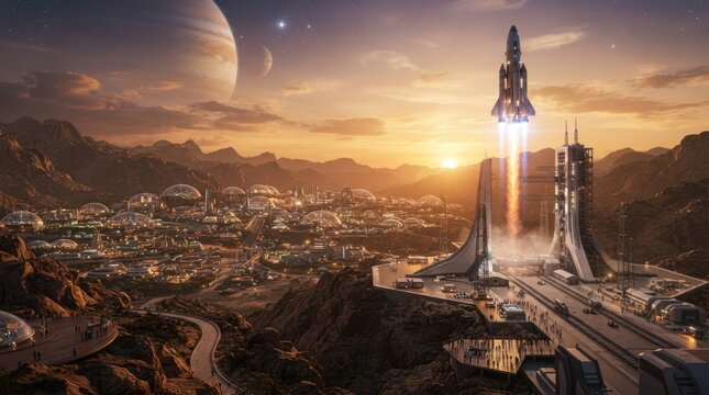 Futuristic domed city on an alien planet with a rocket launching at sunset