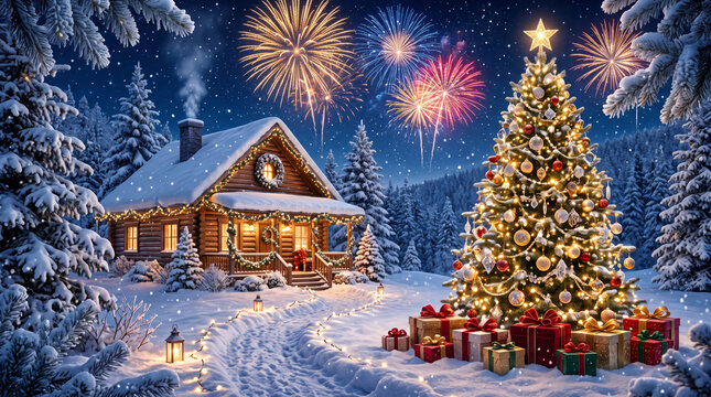 Christmas scene decorated tree background
