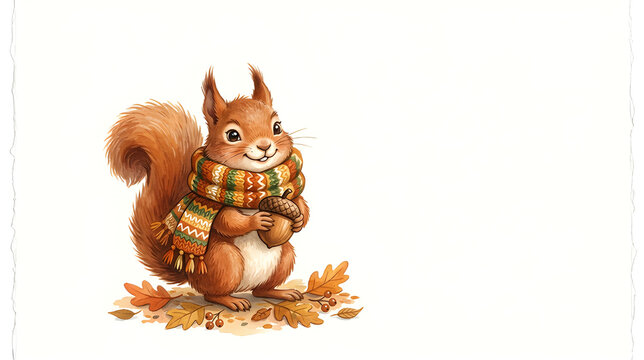 Adorable naughty squirrel wearing a big knitted autumn scarf, smiling mischievously while holding an acorn, soft gouache illustration style, isolated on white with large copy space.