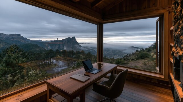 Hybrid Work from Home Setup With Wooden Desk Overlooking Misty Mountain Landscape Through Large Windows