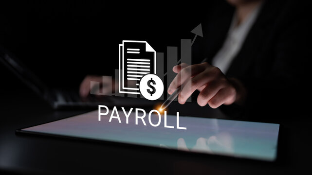 A modern depiction of payroll management featuring financial growth graphics on a digital screen, emphasizing innovative business solutions and professional efficiency in a dark atmosphere. Ledger