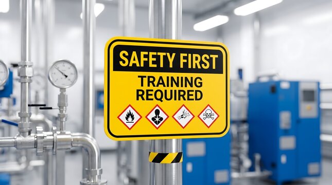 Safety first training required sign with GHS hazard symbols in industrial setting