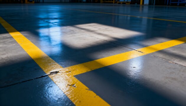 Bright yellow safety stripes marked on polished gray concrete warehouse floor with natural morning light shadows