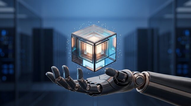 Robotic hand holding glowing cubic data structure