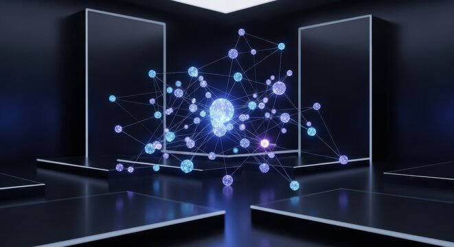 Abstract glowing particles in a futuristic digital cube space