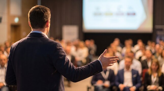 A male speaker in a suit stands on stage gesturing to a large audience seated in a conference hall during a business presentation.
