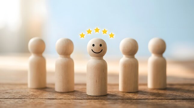 A single wooden peg doll with a happy face and five stars standing out among other plain wooden figures