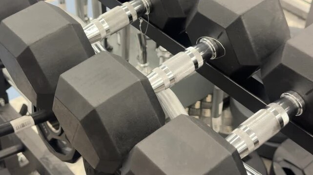 Barnaul, Russia, 15 July 2026 - Rubber hex dumbbells with chrome knurled handles arranged neatly on a black steel rack in a modern gym.