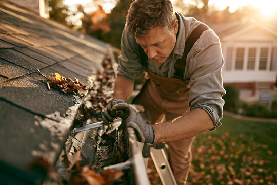 on a ladder, a man is cleaning the gutters, removing leaves and dirt from the house