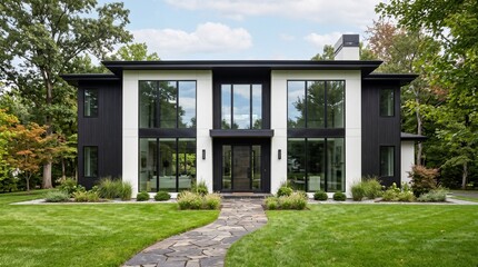 Fototapeta premium Striking modern two-story residence featuring a bold black and white facade, expansive windows, and a manicured green lawn.
