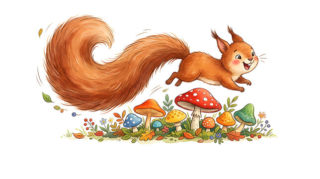 Funny squirrel jumping over colorful forest mushrooms, joyful expression, oversized fluffy tail in motion, charming children's book illustration, white background with text area.
