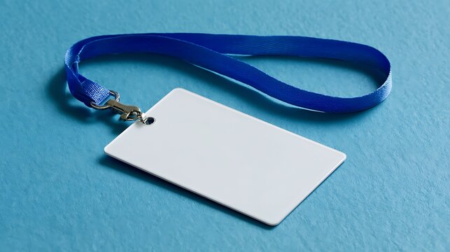 Blank white ID card with blue lanyard on a blue background