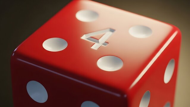 Red gaming dice with number four, close up of plastic gambling die, lucky number 4 on red cube for casino and board games