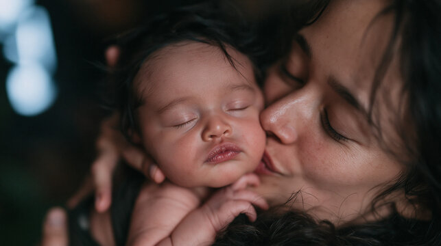 Loving Mother Kissing Her Sleeping Newborn Baby