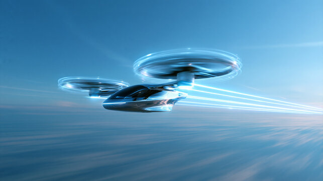 Futuristic eVTOL Flying Car Flying in Blue Sky
