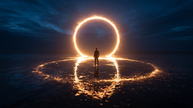 Silhouette Standing Before Glowing Futuristic Portal at Night