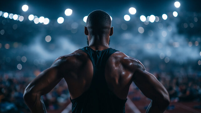 Muscular Male Athlete Ready for Competition in Night Stadium