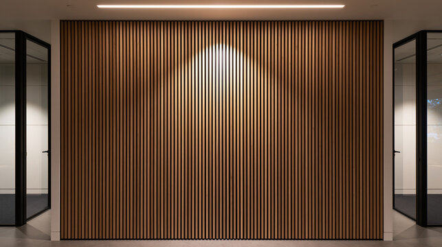 Modern Office Interior Wall with Wooden Slats and Spotlight