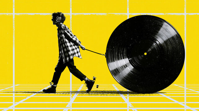 Man Pulling Giant Vinyl Record on Yellow Background