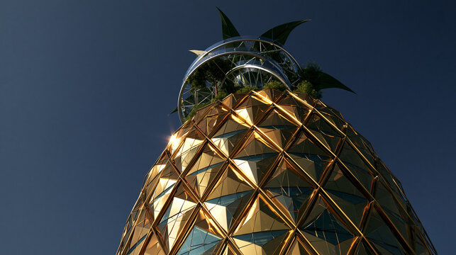 Futuristic Pineapple Shaped Building Facade Against Blue Sky