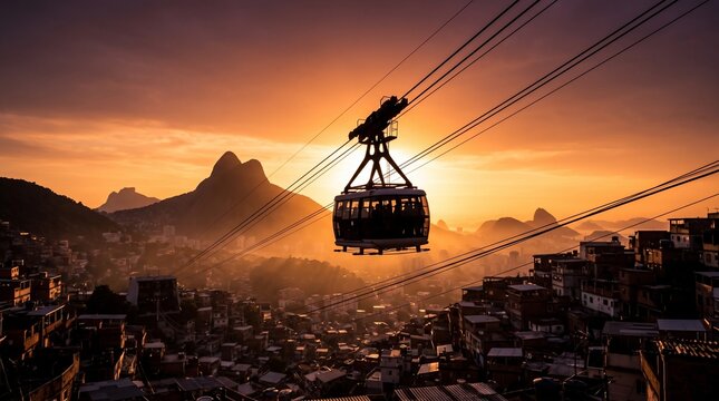 Cable Car Over Favela at Sunset in Rio de Janeiro