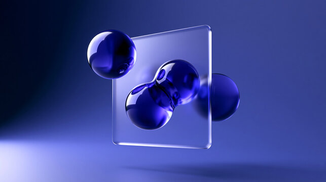 Abstract 3D Render of Blue Spheres and Glass Panel