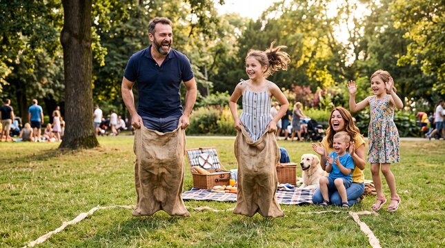 Family enjoys sack race fun in a sunny park during a picnic with a dog watching