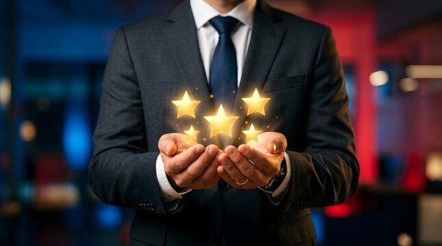 A professional businessman in a suit holding five golden stars in his hands representing excellent customer service quality