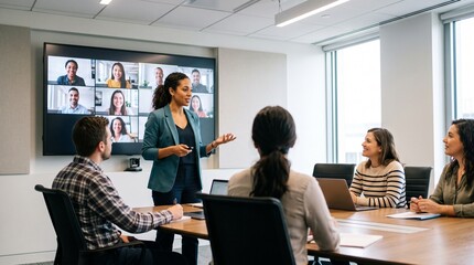 Fototapeta premium Diverse business team collaborates on a video conference call in a modern office meeting room