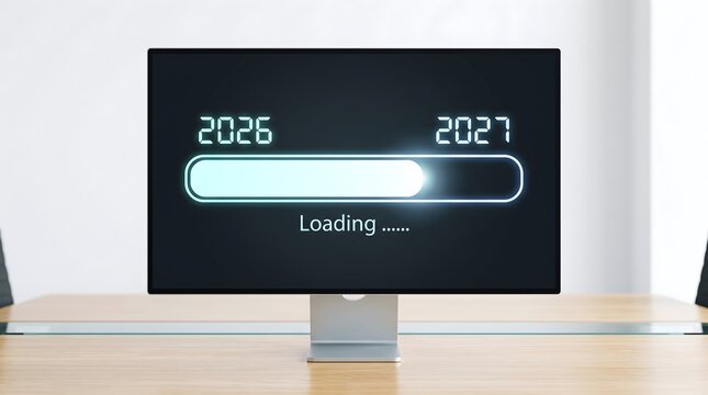 Computer screen shows 2026 loading to 2027 with progress bar