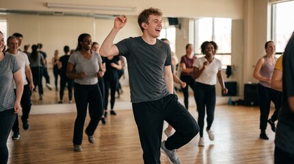 Fototapeta premium Diverse group of people enjoying a lively dance fitness class in a bright studio with mirrors
