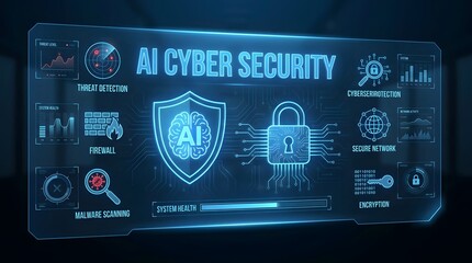 Fototapeta premium Futuristic digital interface showing artificial intelligence cyber security concept with glowing shield and padlock icons on dark blue background