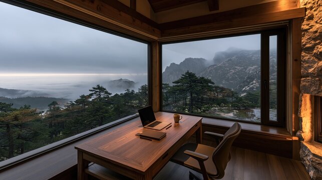 Growth and hybrid work from home office with mountain view, cozy wooden desk by large window, laptop, coffee, stone fireplace, remote career productivity
