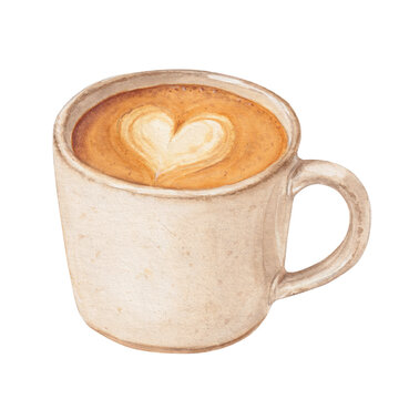 Watercolor Coffee Cup with Heart Latte Art, Cozy Illustration of Ceramic Mug with Cappuccino