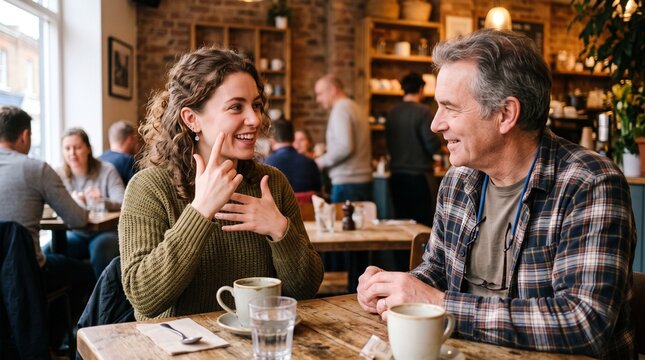 A man and a woman are talking and smiling at a cafe table with coffee cups and water glasses