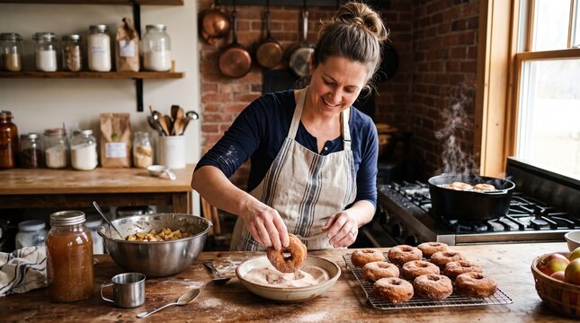 Woman happily making homemade donuts in a rustic kitchen, coating them in cinnamon sugar
