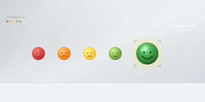 Customer feedback sentiment analysis scale with five emoticons on digital on transparent background