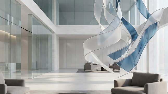 Abstract glass ribbons suspended in a high ceiling modern corporate office reception area