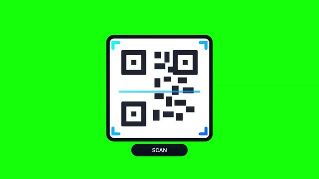 Qr code scanner animation with scan button on green screen technology interface