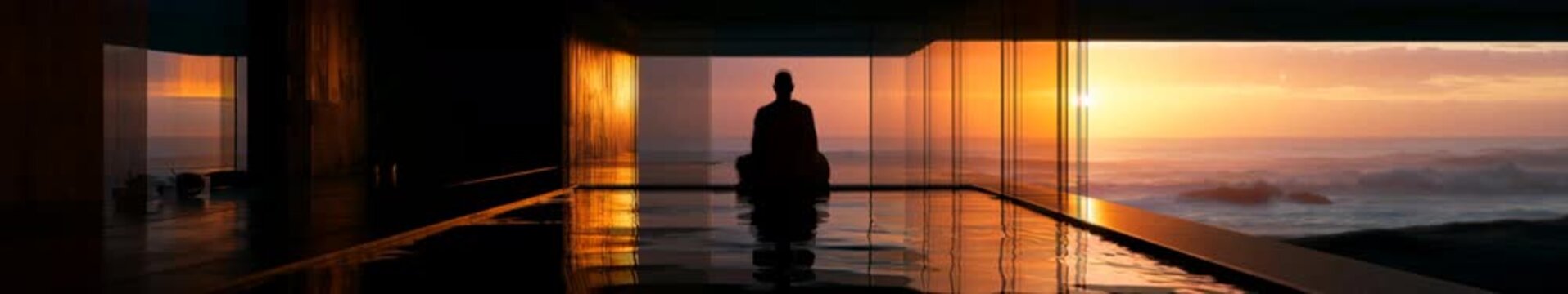 Meditating Figure in a Luxury Indoor Pool Overlooking Ocean Sunset, Panoramic Seamless Loop Animation