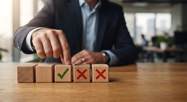 A businessman in a suit chooses the correct option by placing a finger on a wooden cube with checkmark
