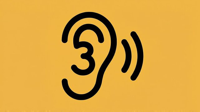 Human ear with pulsing sound waves animation. 3D audio visualization for hearing or music technology concepts.