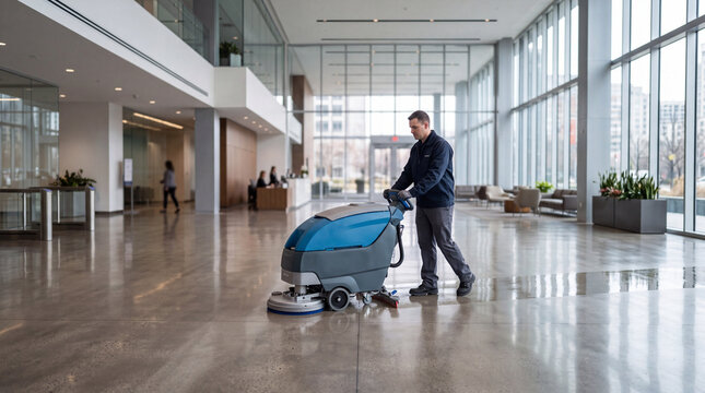A man is operating a floor cleaning machine in a modern office building lobby. Concept of commercial cleaning, janitorial service, professional maintenance.