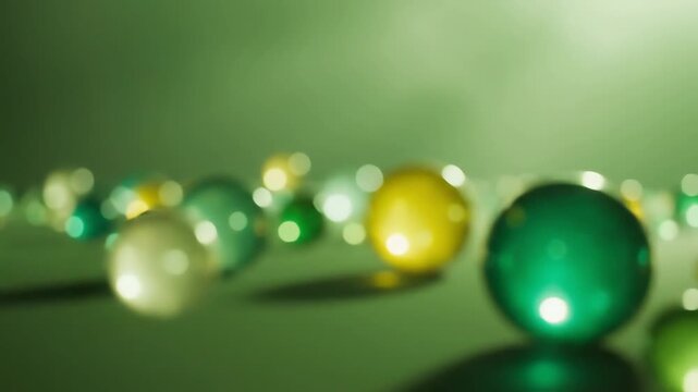 Abstract green and yellow glass spheres on reflective surface