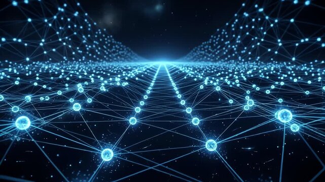 Glowing blue digital network and data communication grid