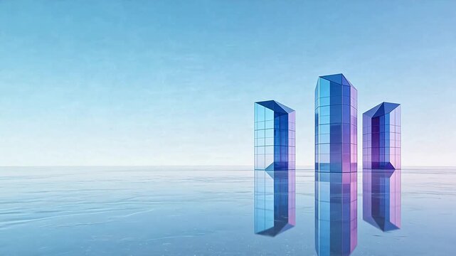 Three glass towers on reflective surface